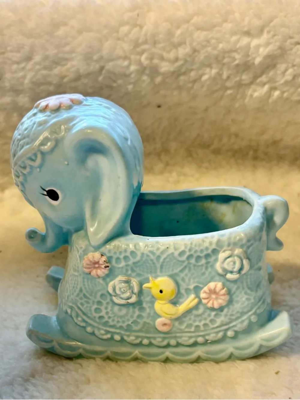 Light Blue Ceramic Elephant Vase with Pink Floral Accent